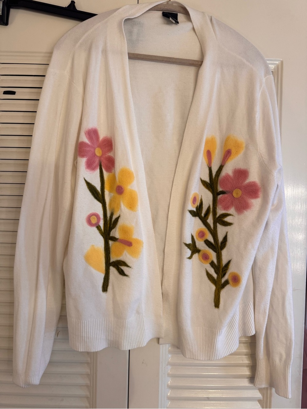 White Floral Open-Front Cardigan with Pink & Yellow Blooms